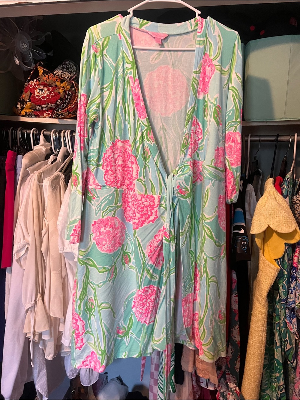 Lilly Pulitzer Floral Wrap Dress in Aqua with Pink Blooms size L